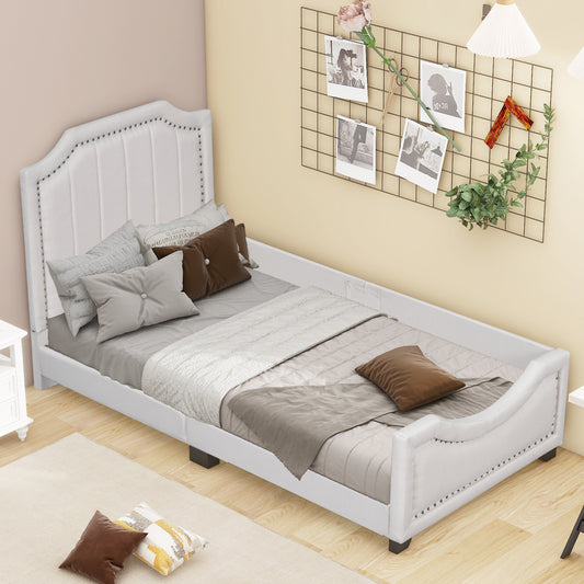 Twin Size Upholstered Platform Bed with Nailhead Trim Decoration and Guardrail, Beige