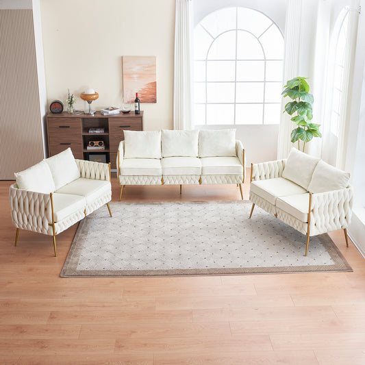 Luxurious 3-Piece Cream White Velvet Living Room Set with Hand-Woven Tufted Back and Golden Metal Legs