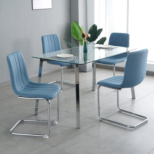 Dining furniture 51.1" Table with four chairs,0.3" Clear tempered glass with chrome metal legs,fabric chair with chrome metal legs.