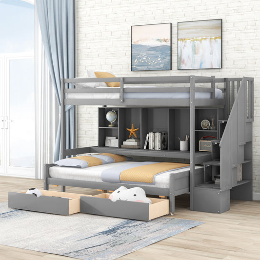 Gray Twin XL over Full Bunk Bed with Study Desk and Storage Solution