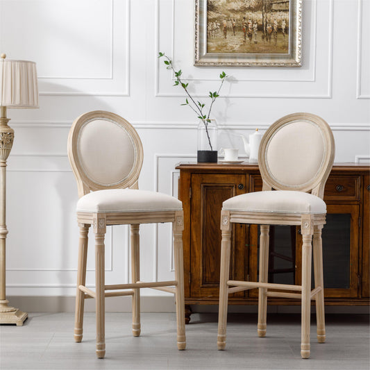 French Country Wooden Barstools With Upholstered Seating , Beige and Natural ，Set of 2