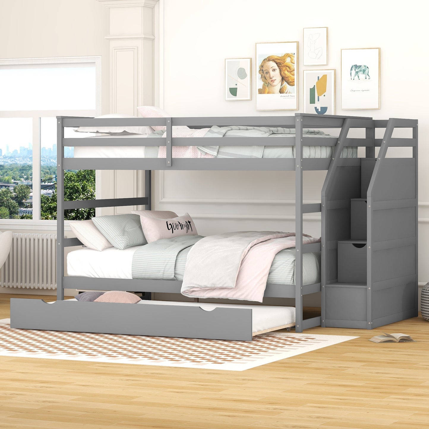 Gray Full Bunk Bed with Trundle and 3 Storage Stairs