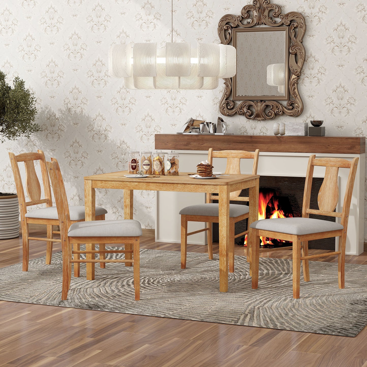 TREXM 5-Piece Kitchen Dining Table Set, Wooden Rectangular Dining Table and 4 Upholstered Chairs for Kitchen and Dining Room (Drift Wood)