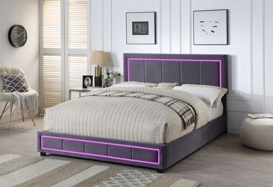 Upholstered Full Size Platform Bed with LED Lights, Storage Bed with 4 Drawers, Gray color fabric