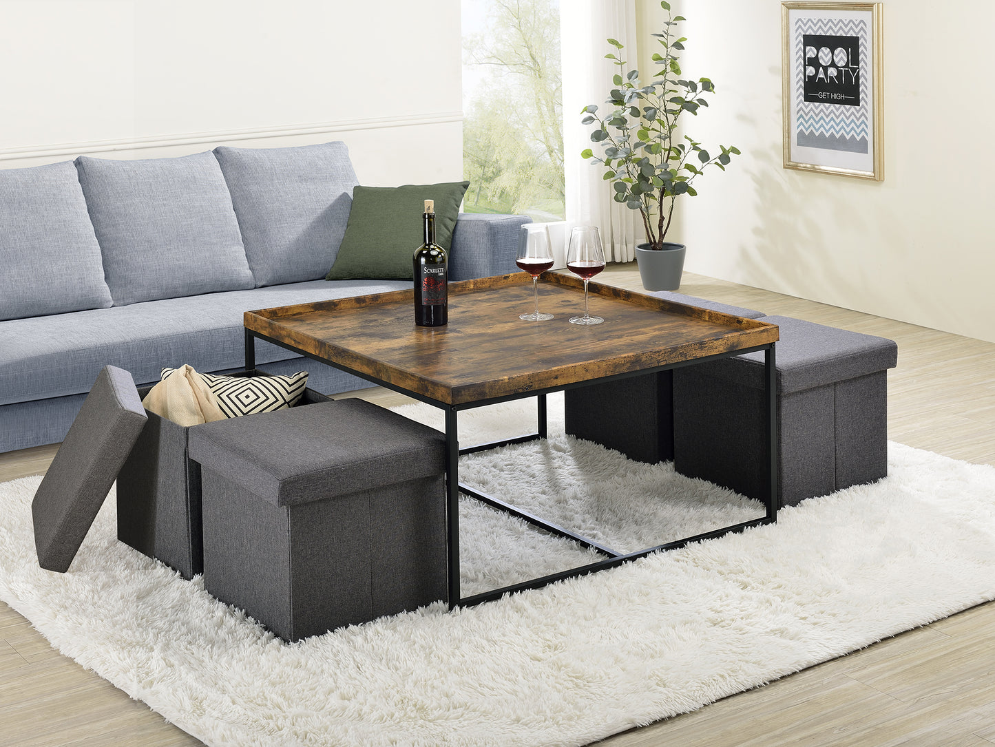 Vinny 5-Piece Weathered Oak Coffee Table Set with Storage Stools