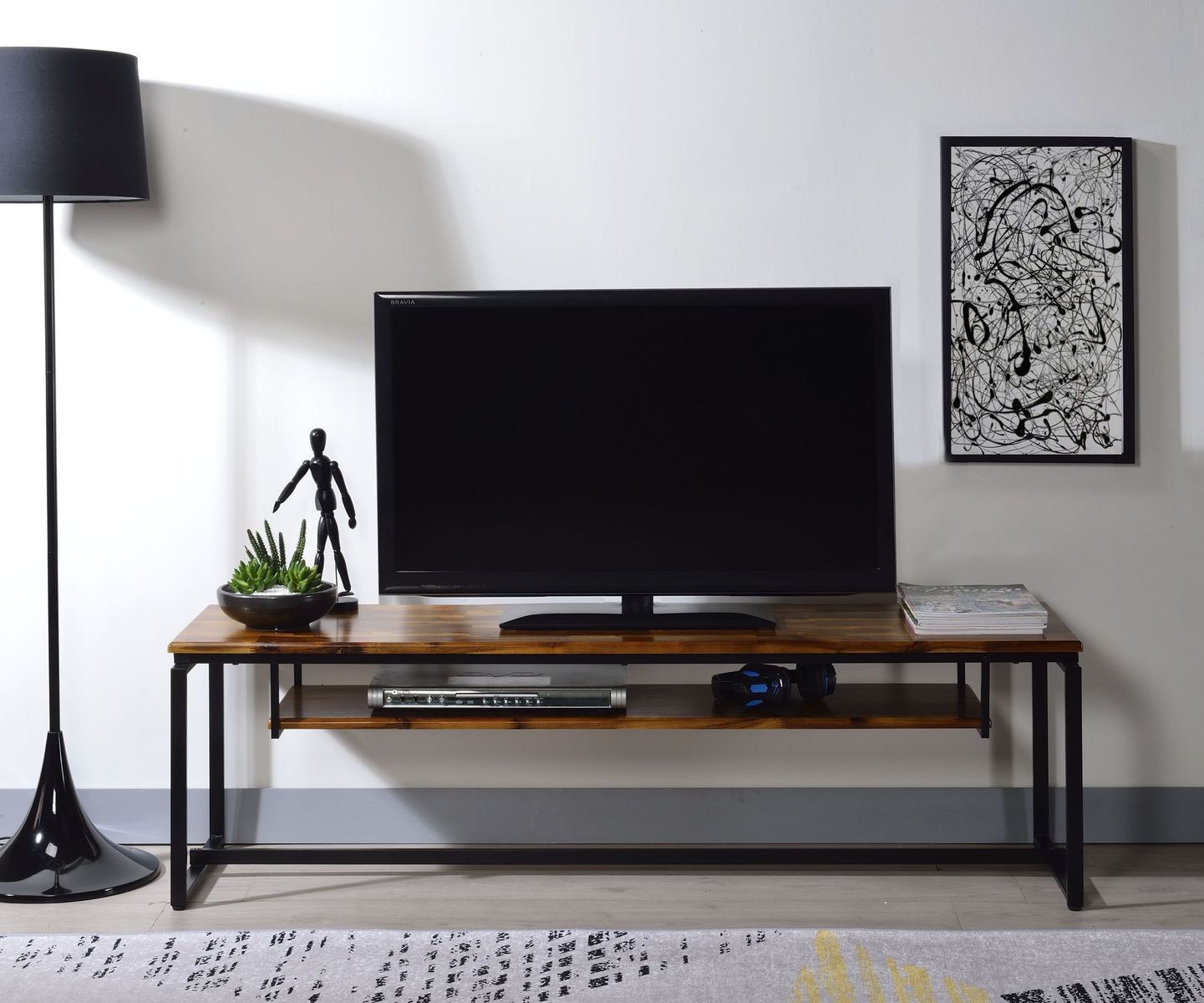 Jurgen Oak & Black TV Stand with Metal Sled Base