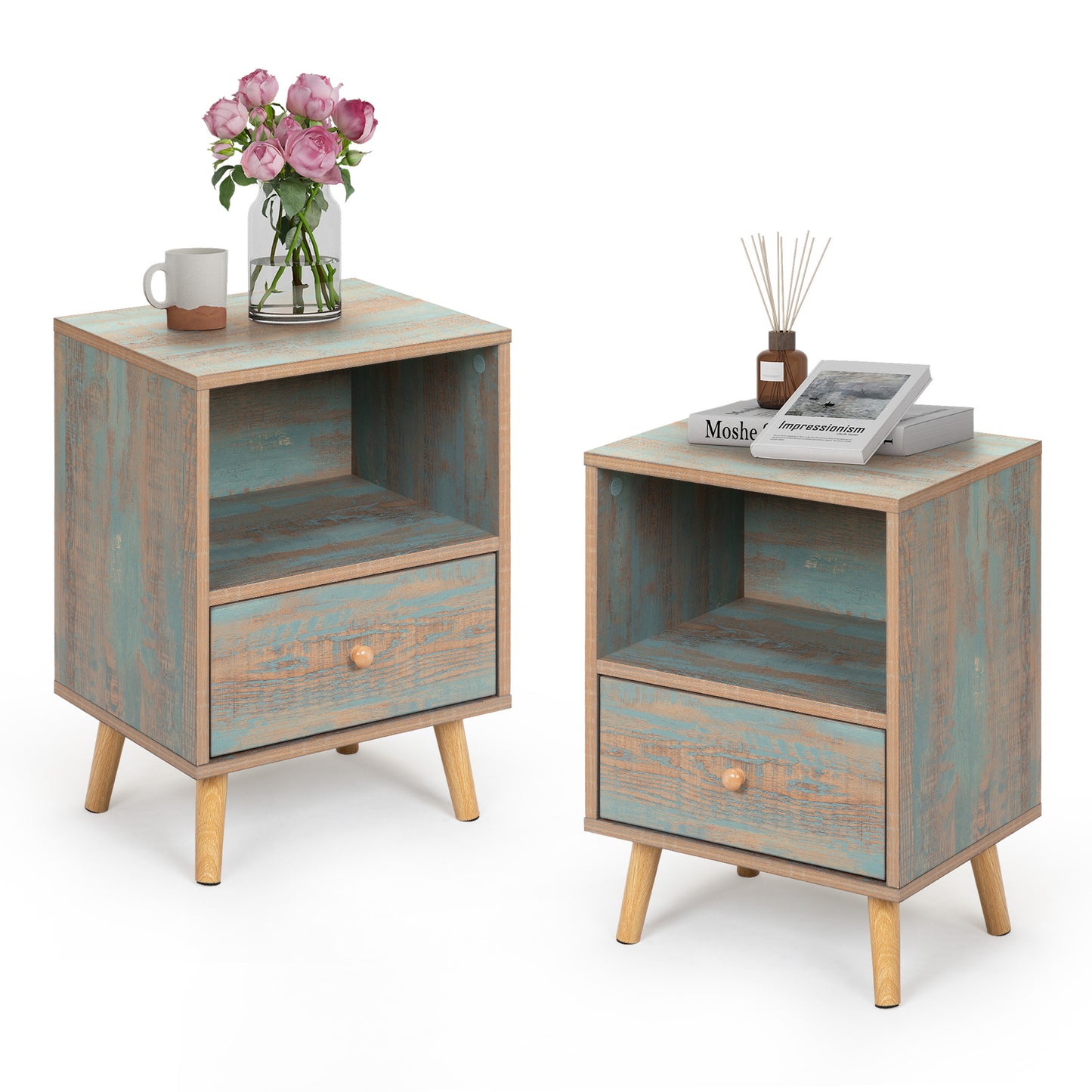 Set of 2 Modern Low Bedside Table, Wooden Nightstand with Drawer and Shelf, Patina Green