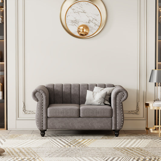 Contemporary Gray Upholstered Sofa with Buttoned Tufted Backrest and Solid Wood Legs