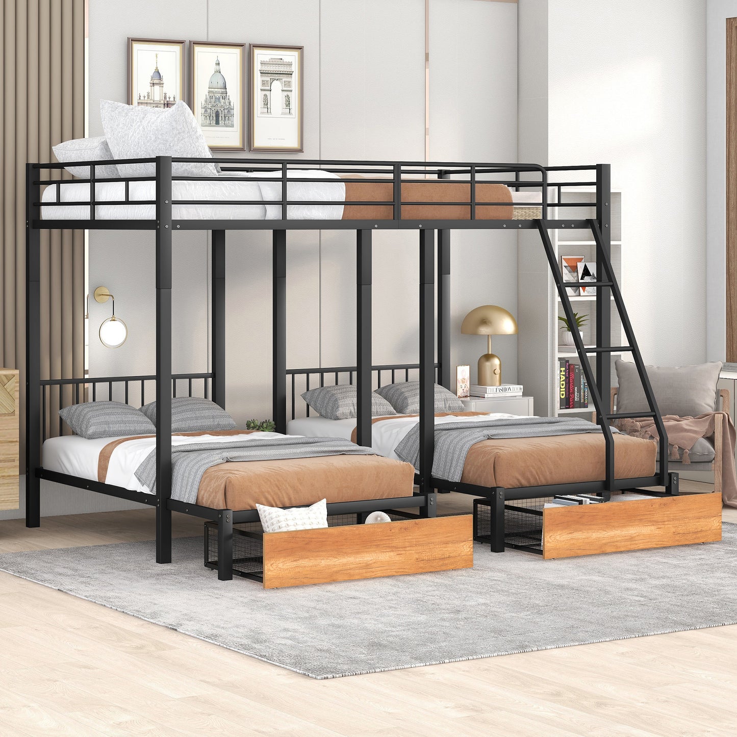 Black Metal Triple Bunk Bed with Storage and Safety Features - Space-Saving Full over Twin & Twin Bunk Bed