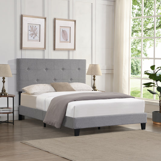 Full Size Upholstered Platform Bed Frame with Modern Button Tufted Linen Fabric Headboard, No Box Spring Needed, Wood Slat Support, Easy Assembly,  Grey