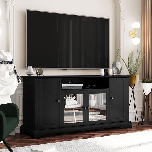 TV Stand Console with Glass Doors and Adjustable Panels - Black