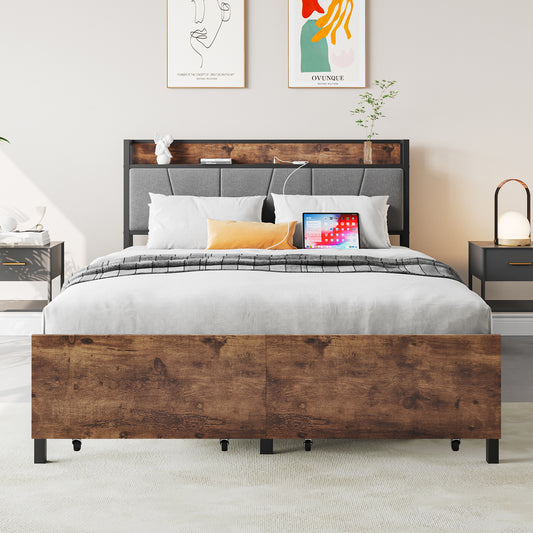 Full Size Bed Frame, Storage Headboard with Charging Station and 2 Storage Drawers, Solid and Stable, Noise Free, No Box Spring Needed, Easy Assembly,Vintage Brown and Gray