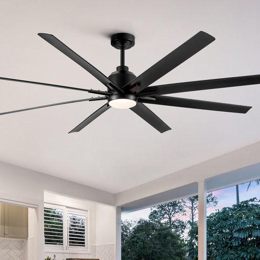 72-Inch Large Ceiling Fan with Integrated LED Light and Black ABS Blades