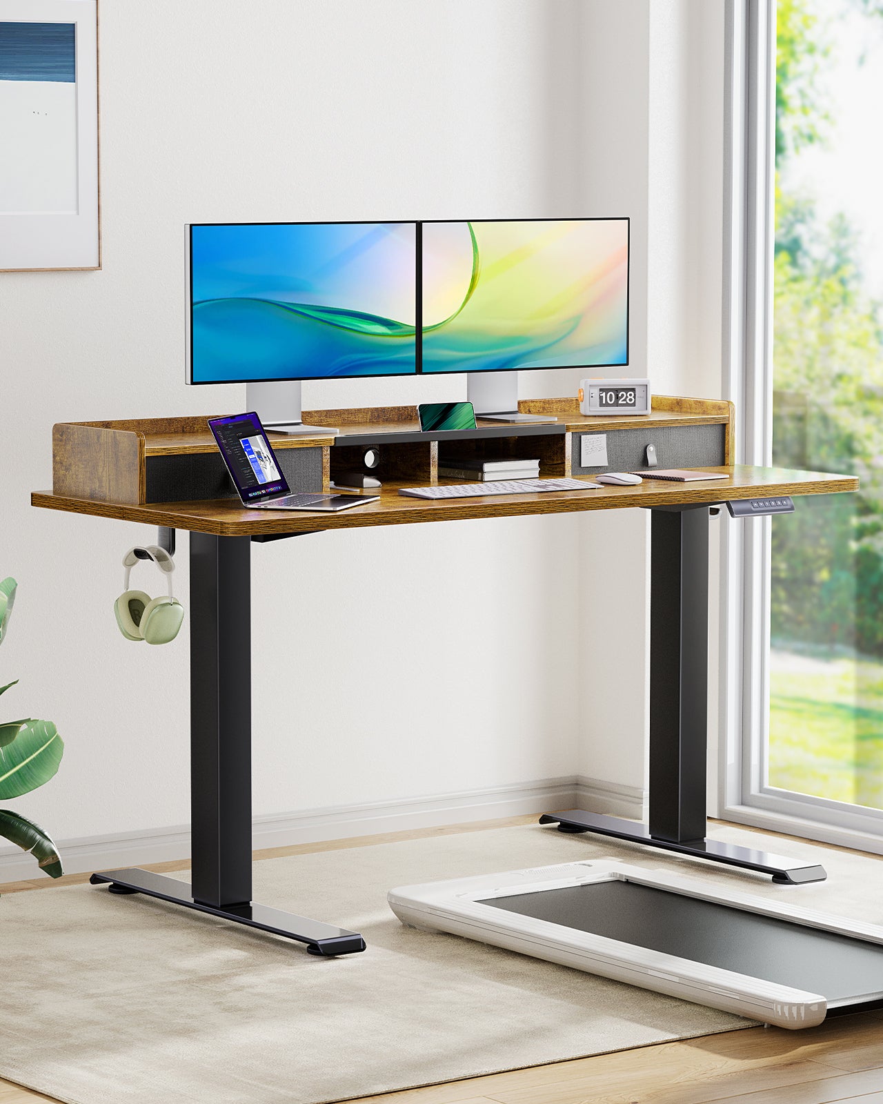 Height-Adjustable Rustic Brown Electric Standing Desk with Storage and Memory Preset