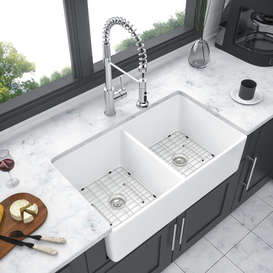 32-Inch Double Bowl White Ceramic Farmhouse Sink