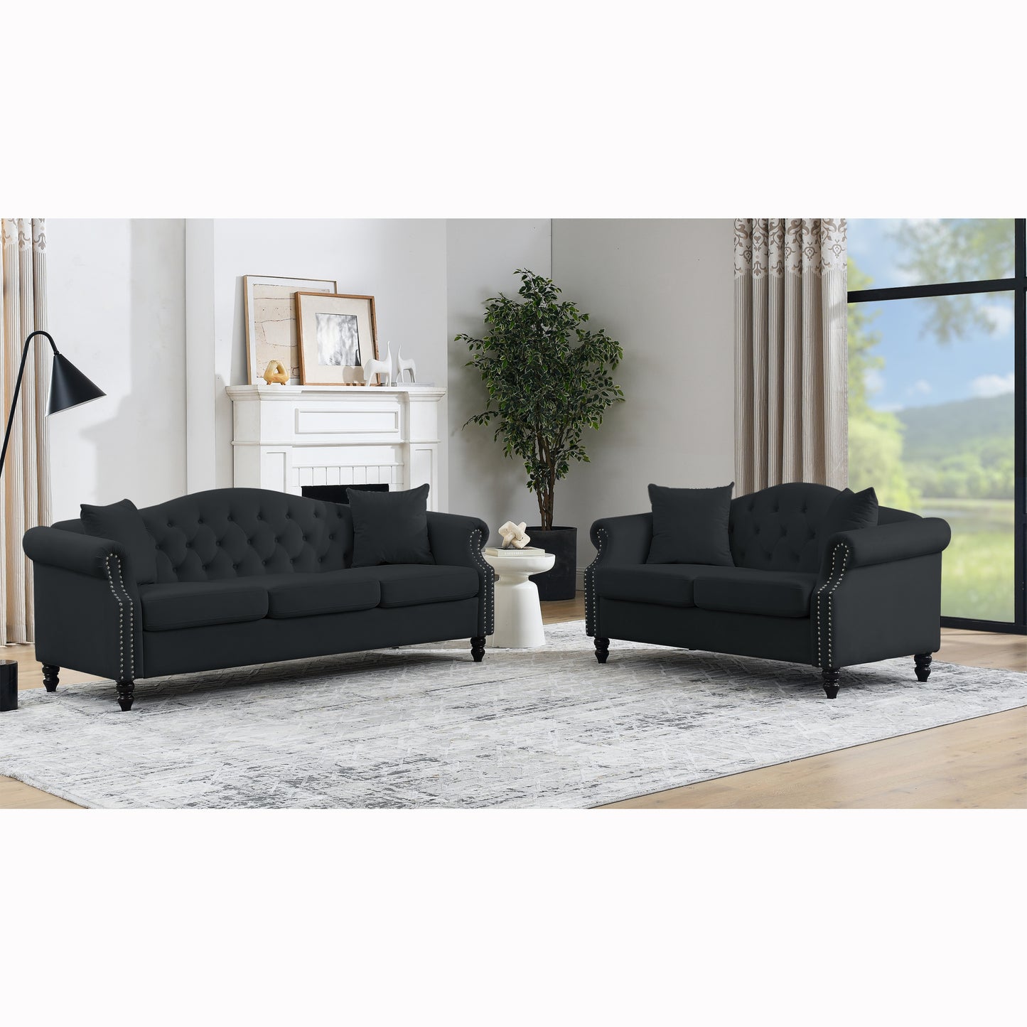 [Video] 79" Chesterfield Sofa Black Velvet for Living Room, 3 Seater Sofa Tufted Couch with Rolled Arms and Nailhead for Living Room, Bedroom, Office, Apartment, 3S+2S