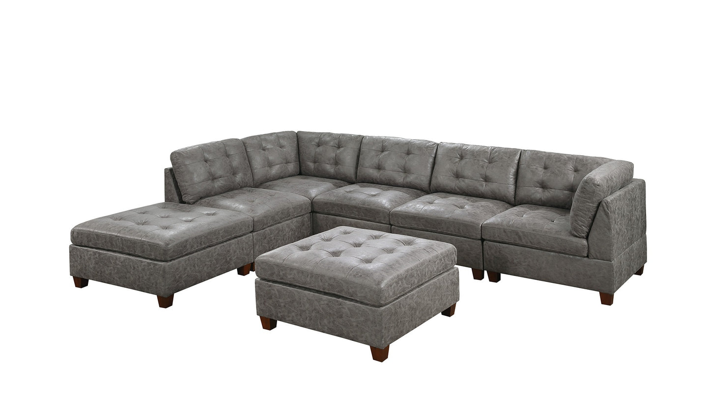 Sophisticated Antique Grey Modular Sectional 7pc Set with Tufted Leatherette Design