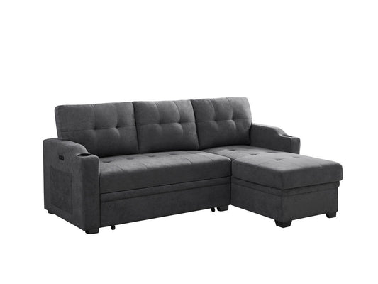 Mabel Dark Grey Fabric Sleeper Sectional with Cupholder, USB Charging Port, and Storage Pocket