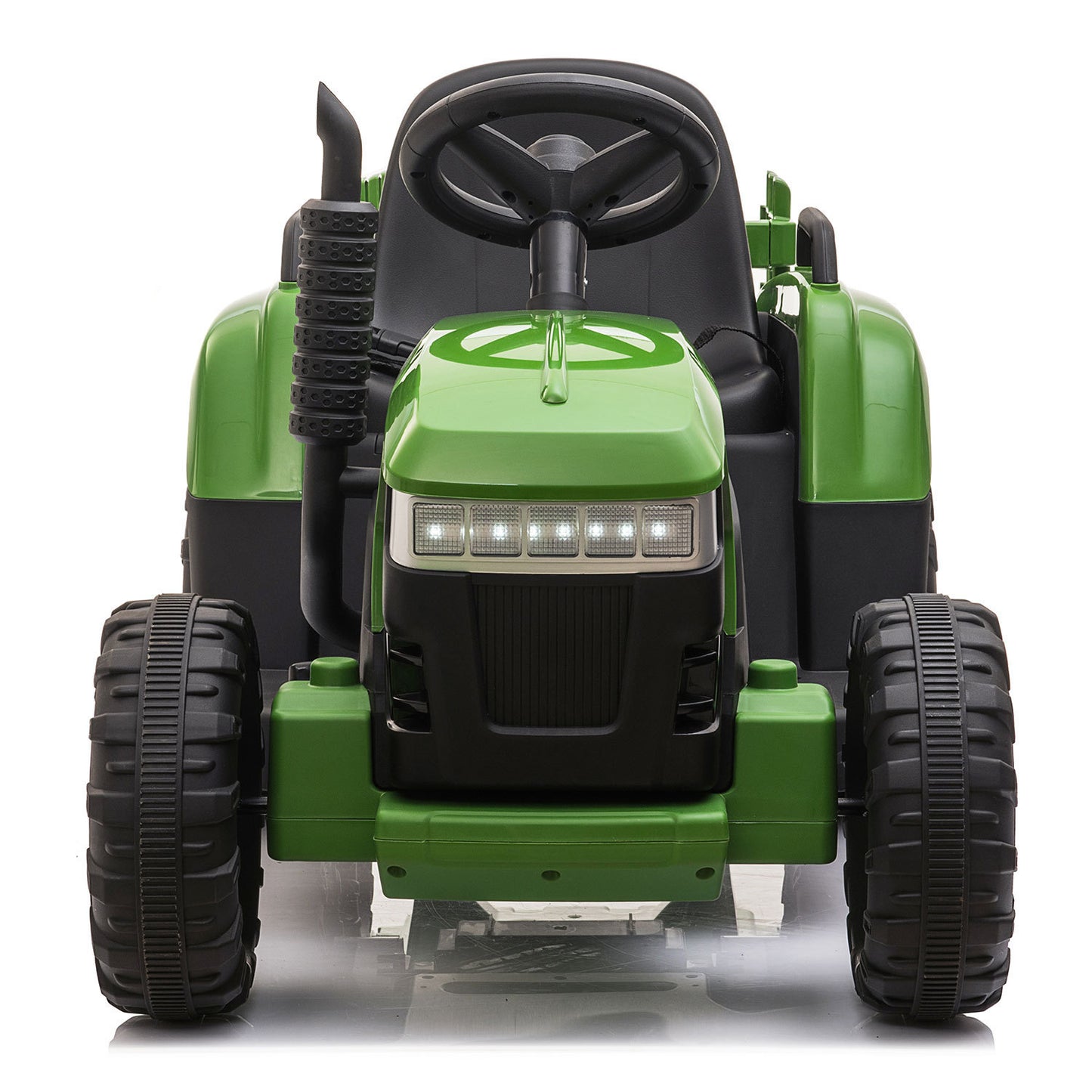 12V Kids Dark Green Ride-On Tractor with Trailer, Music, LED Lights, and USB