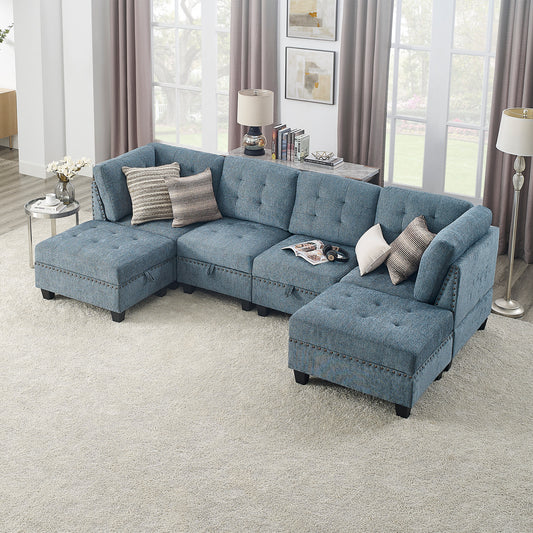 Modular U-Shape Navy Chenille Sectional Sofa with DIY Combination