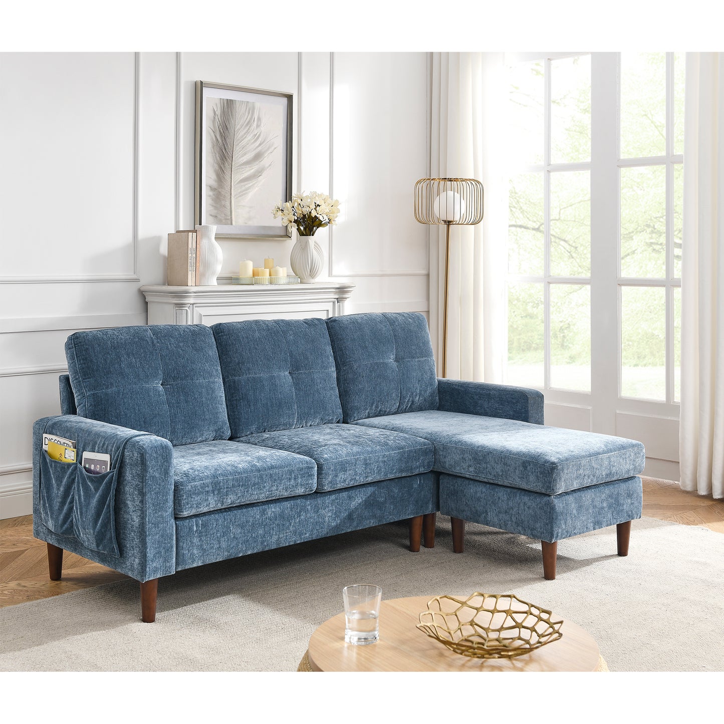 80-Inch Navy Blue Convertible Sectional Sofa with Reversible Chaise and Pocket Storage