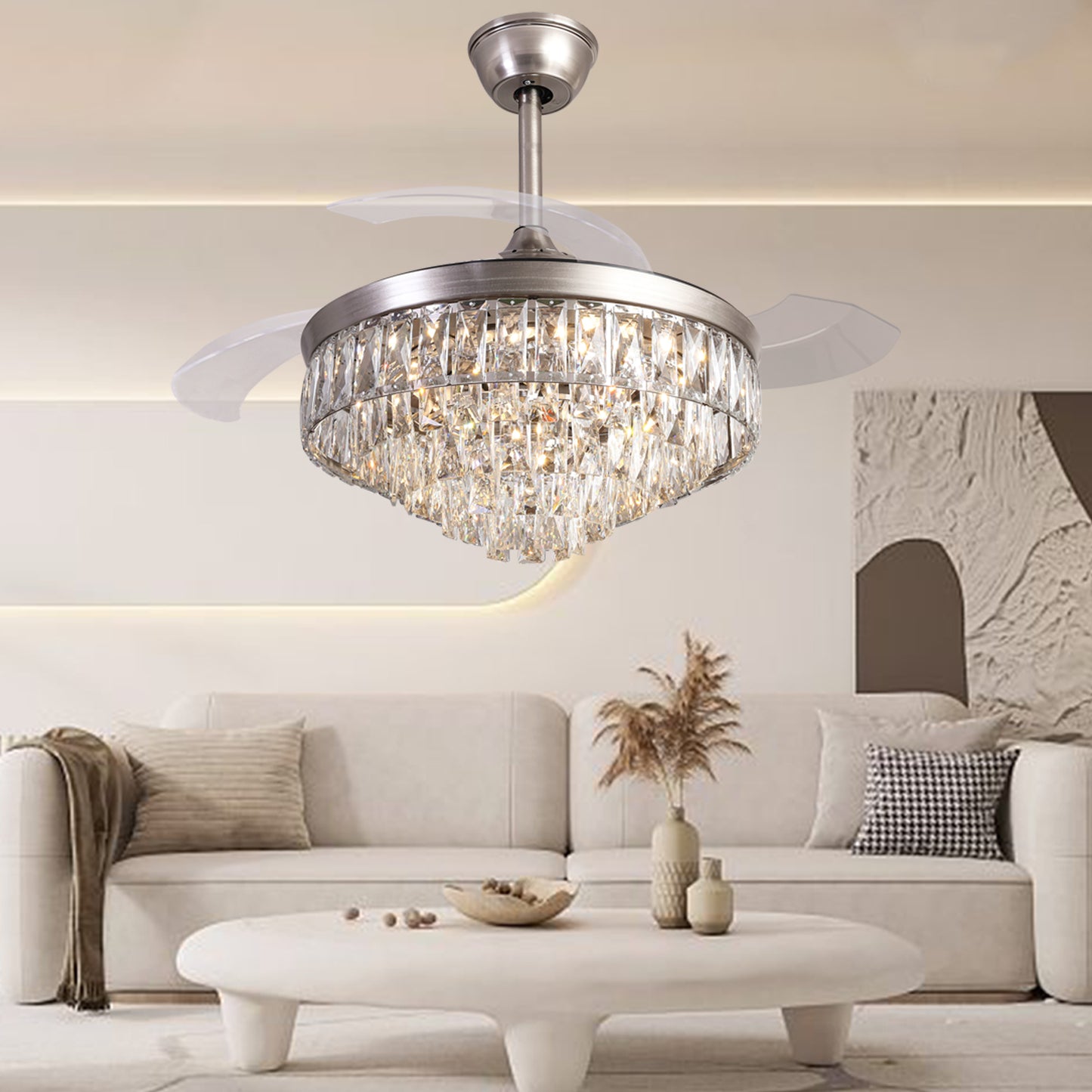 42 Vintage Silver Crystal Ceiling Fan Chandelier with Remote Control - Luxury Lighting Fixture