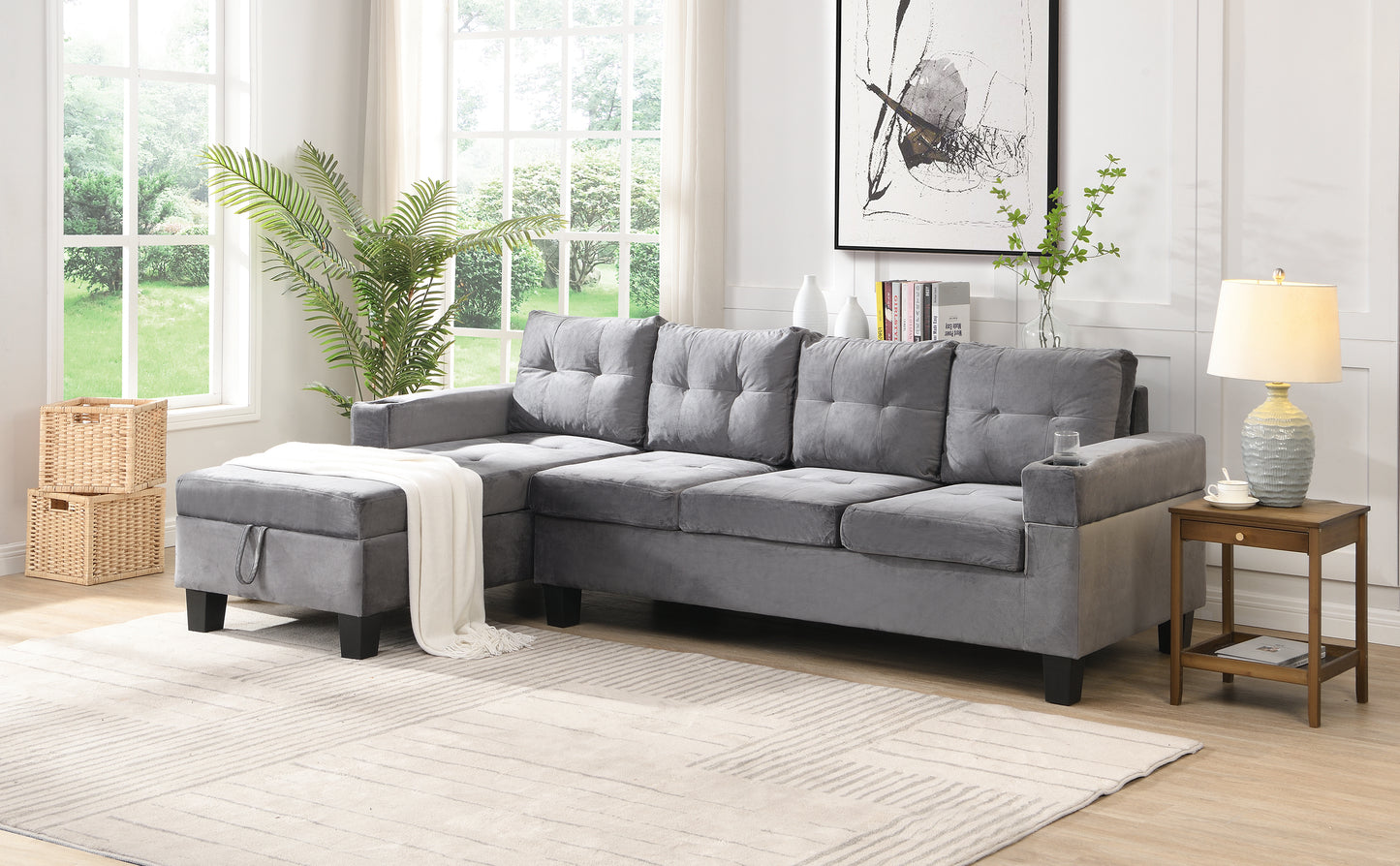 Sectional Sofa Set for Living Room with L Shape  Chaise Lounge ,cup holder and  Left  Hand with Storage Chaise  Modern 4 Seat (Grey) 
-LEFT CHAISE WITH STORAGE