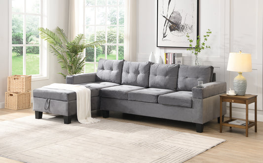 Sectional Sofa Set for Living Room with L Shape  Chaise Lounge ,cup holder and  Left  Hand with Storage Chaise  Modern 4 Seat (Grey) 
-LEFT CHAISE WITH STORAGE