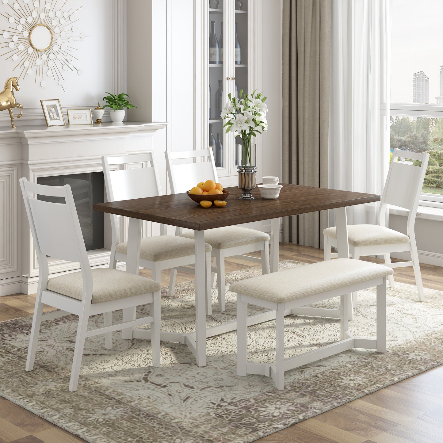 Farmhouse 6-Piece Wood Dining Table Set with 4 Upholstered Chairs and Bench, White