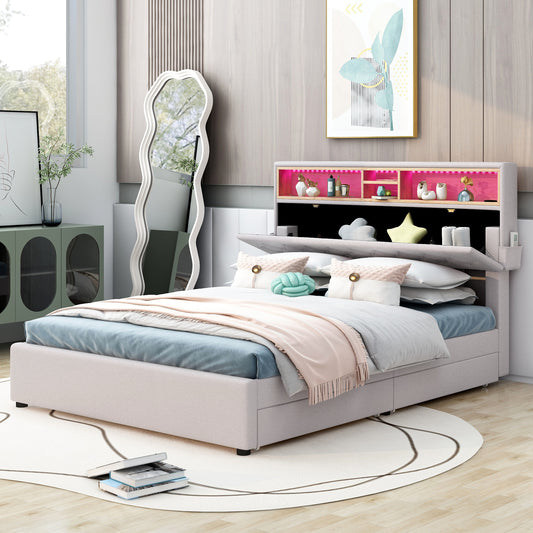 Full Size Upholstered Platform Bed with Storage Headboard, LED, USB Charging and 2 Drawers, Beige