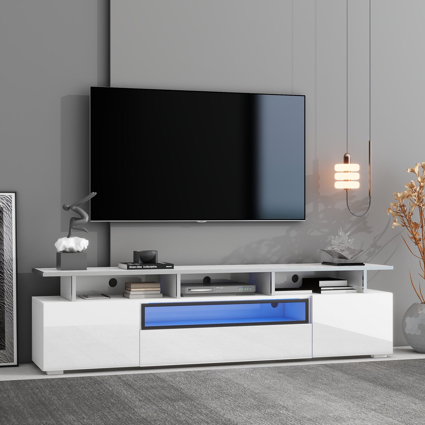 White Modern TV Stand with LED Color Changing Lights and Acrylic Board for TVs Up to 80