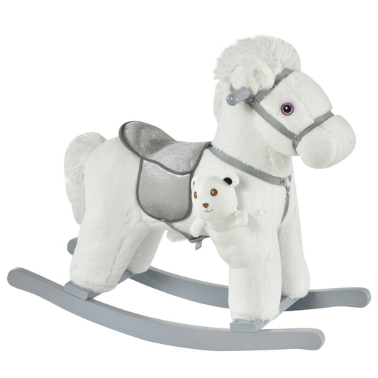 White Qaba Kids Plush Rocking Horse with Bear Toy and Galloping Sounds