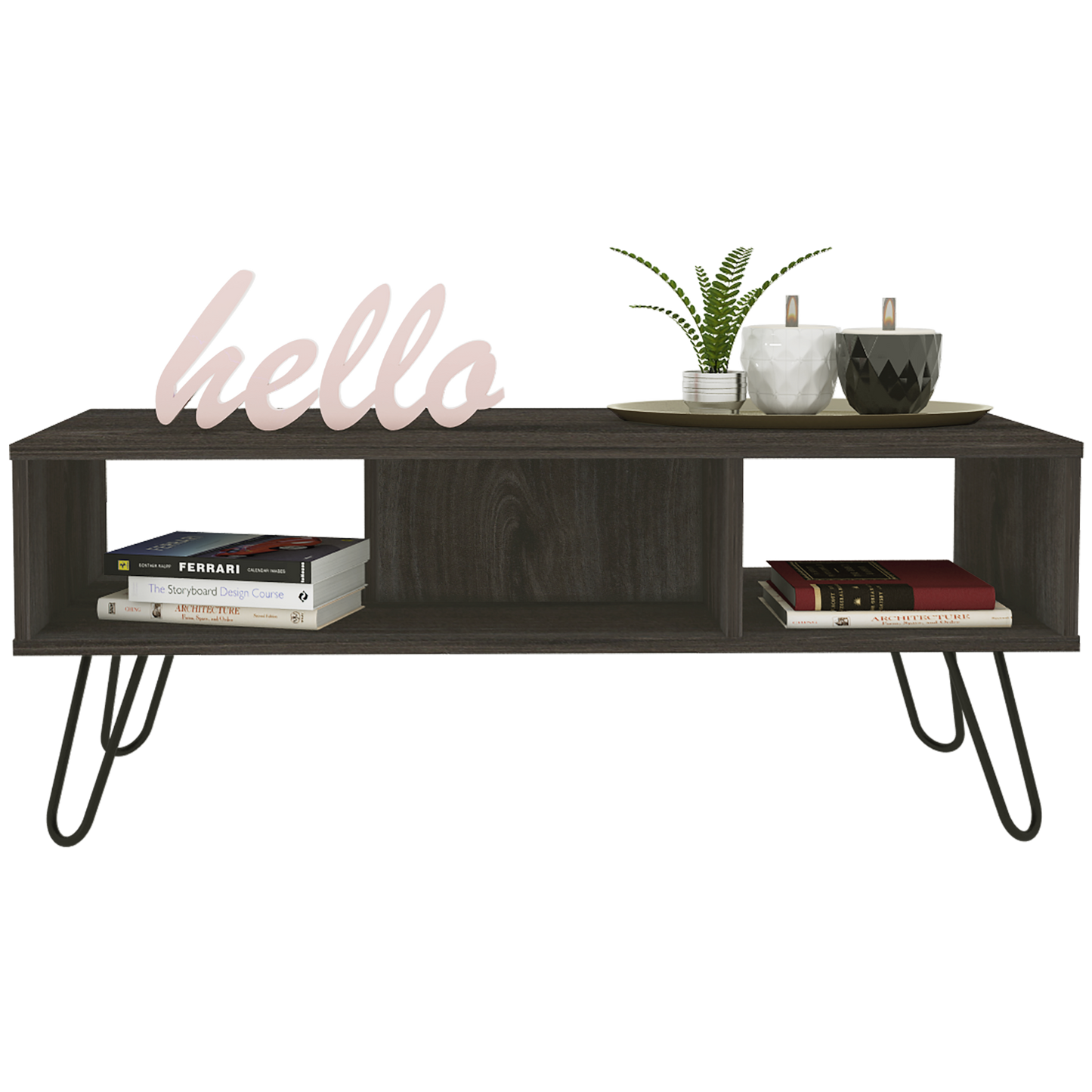 Vassel Modern Espresso Coffee Table with Hairpin Legs and Double Shelves