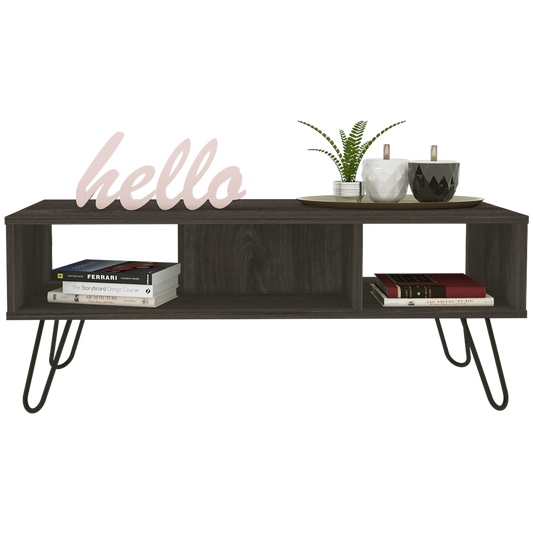 Vassel Modern Espresso Coffee Table with Hairpin Legs and Double Shelves