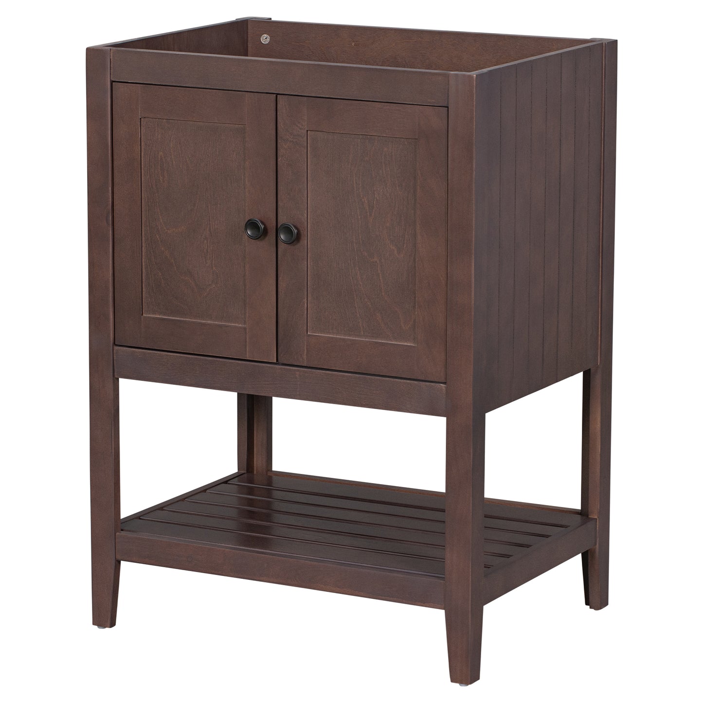 24" Bathroom Vanity Base Only, Soild Wood Frame, Bathroom Storage Cabinet with Doors and Open Shelf, Brown