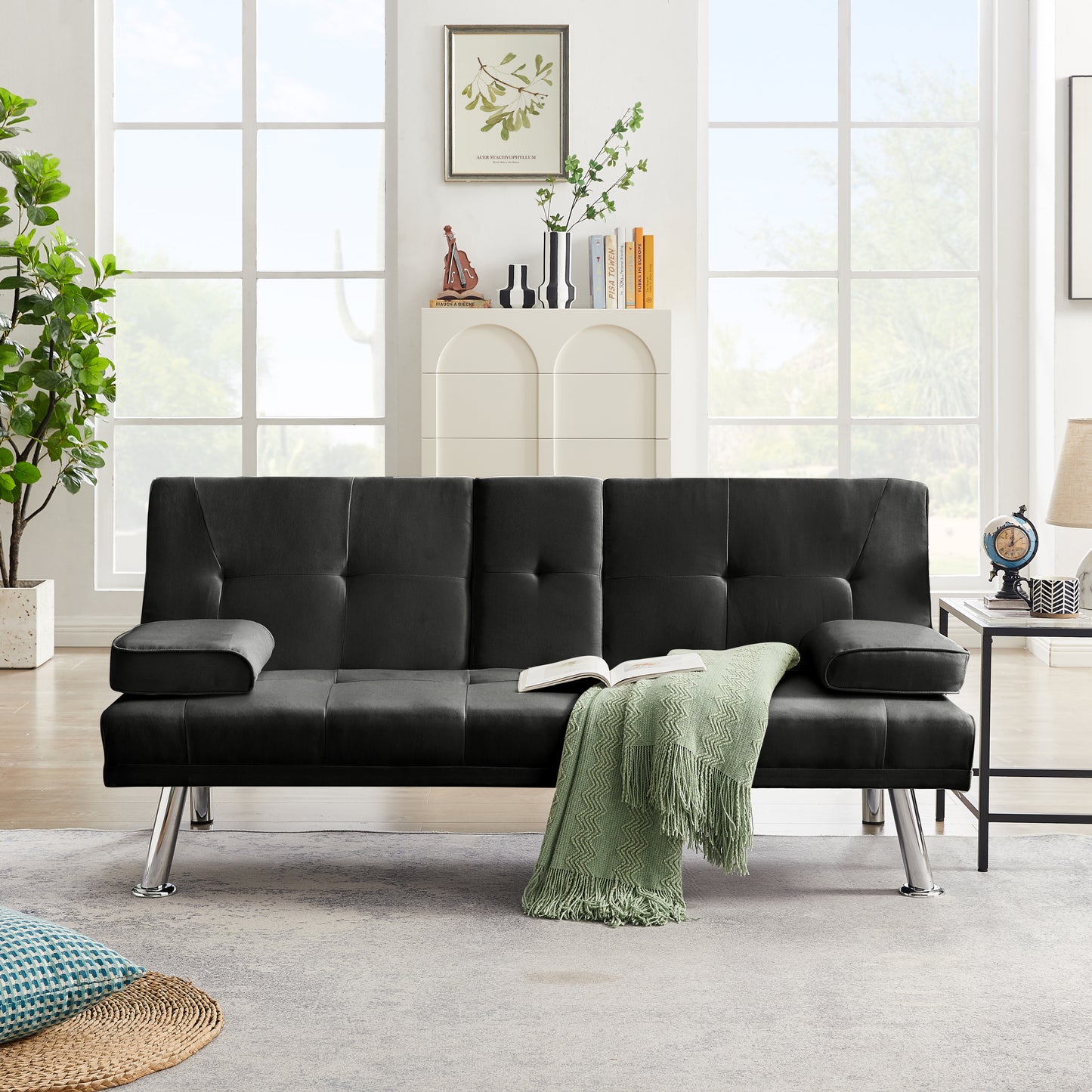 Modern Fabric Upholstered Futon Sofa Bed with Cupholders and Adjustable Positions