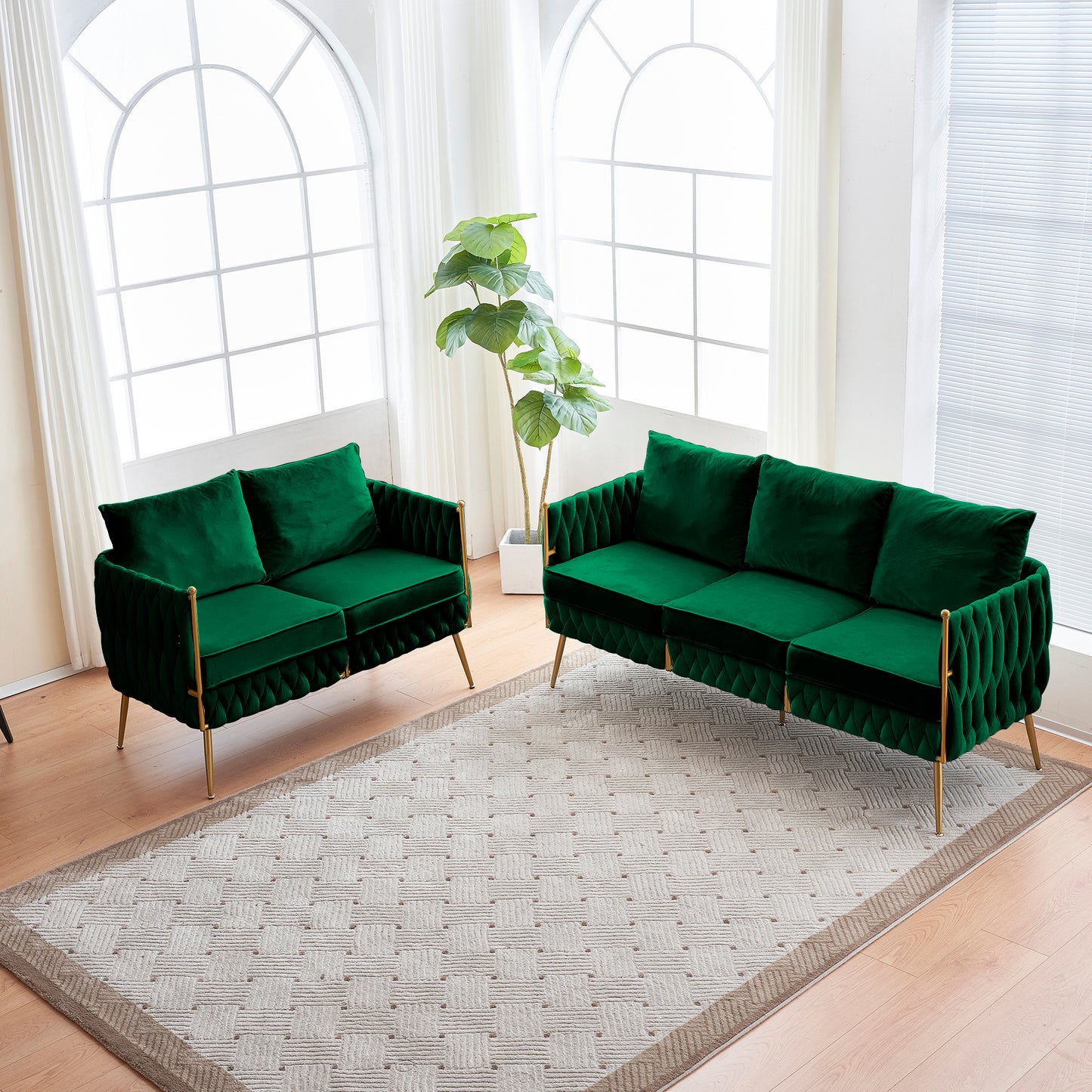 Luxurious Handmade Green Velvet Sofa Couch Set with Unique Woven Back