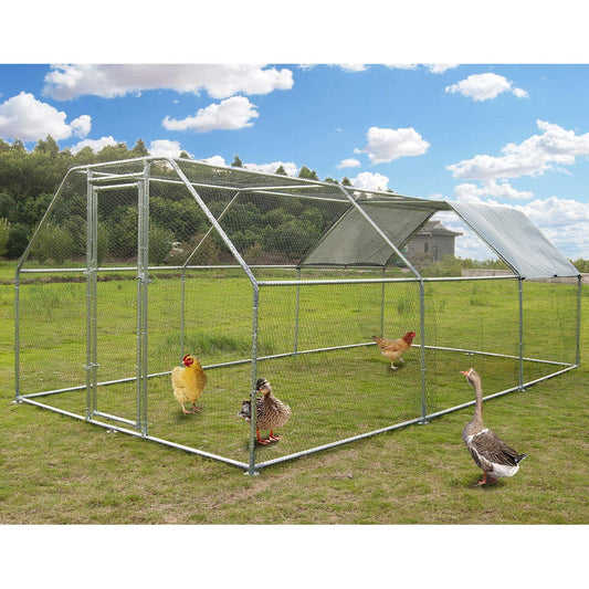 Metal Large Chicken Coop Walk-in Poultry Cage Large Chicken Run Flat Shaped Cage with Waterproof Anti-UltravioletCover, 1.26" Diameter Tube (19.6' L x 9.8' W x 6.5' H)