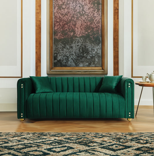 Sumptuous Green Velvet Sofa with Vertical Channel Tufting - 79.92 Comfortable Living Room Couch