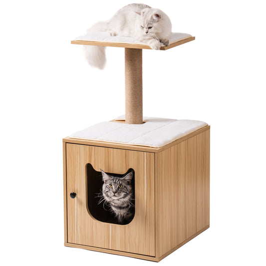 3-IN-1 Cat Litter Box Enclosure, Wooden Cat House with Cat Bed Hidden Cat Washroom Furniture with Scratching Post