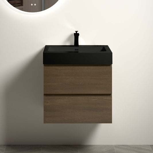 U043-Alice24-111 Alice 24" Dark Oak Bathroom Vanity with Black Sink, Large Storage Wall Mounted Floating Bathroom Vanity for Modern Bathroom, One-Piece Black Sink Basin without Drain and Faucet