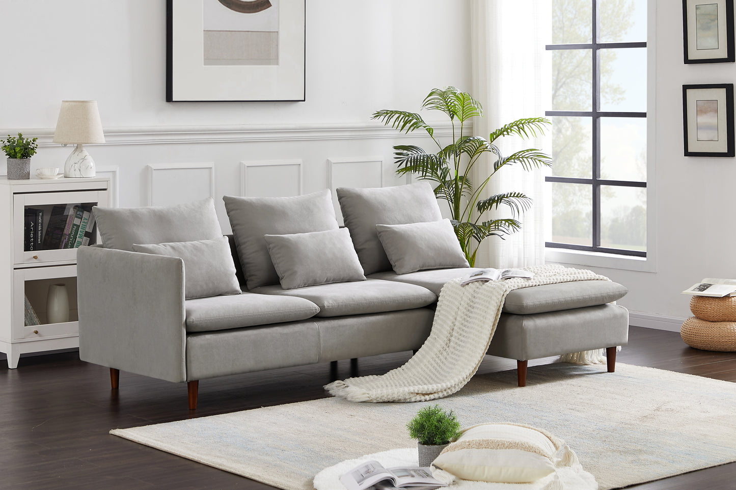 Luxurious Gray Sofa Chaise Longue with Thick Water Ripple Suede