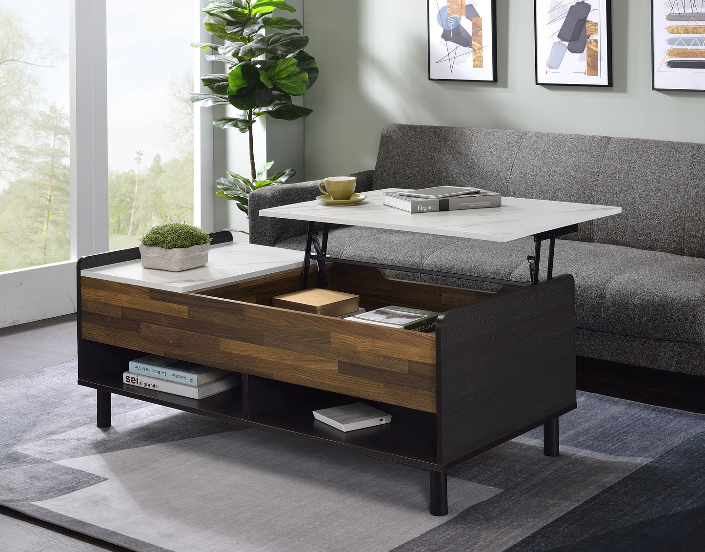 Axel Coffee Table with Lift Top, Marble, Walnut & Black Finish LV00828