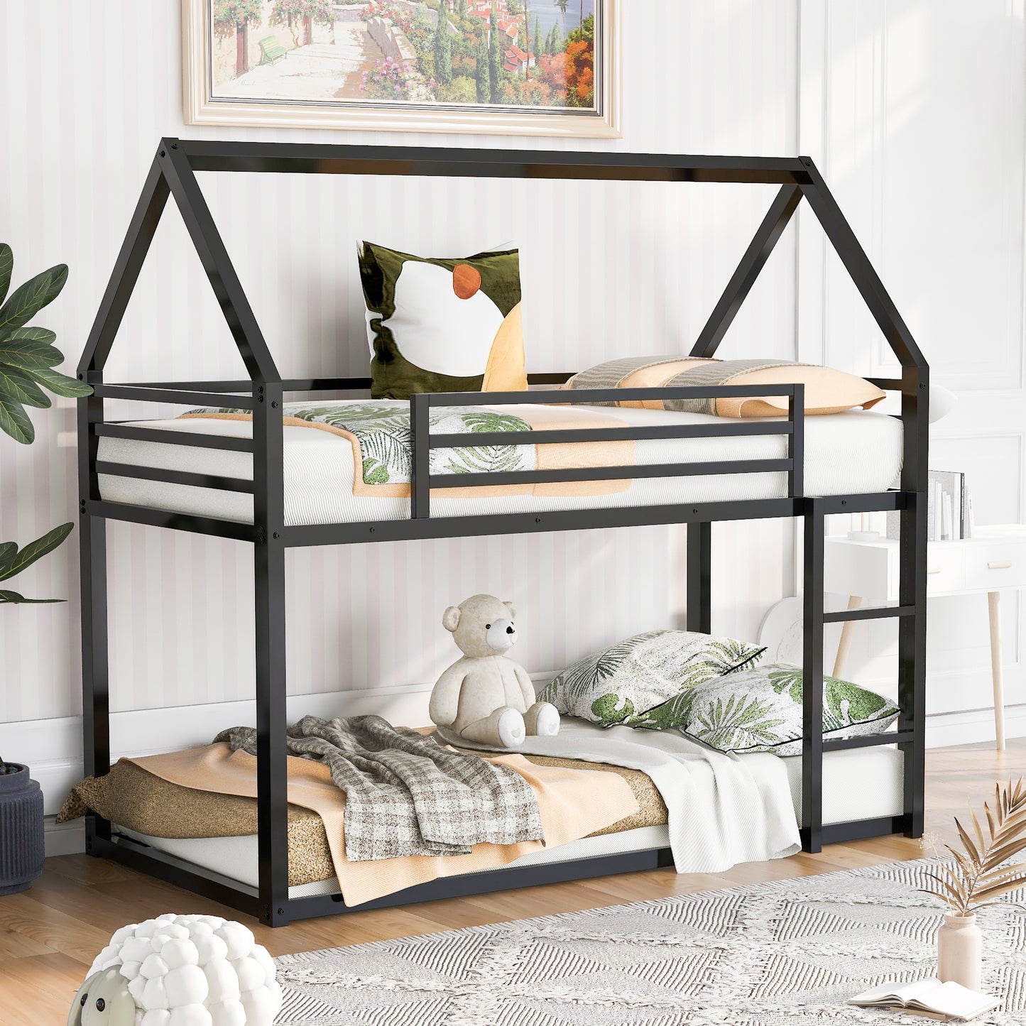 Whimsical Black Metal Twin over Twin Bunk Bed with Slide