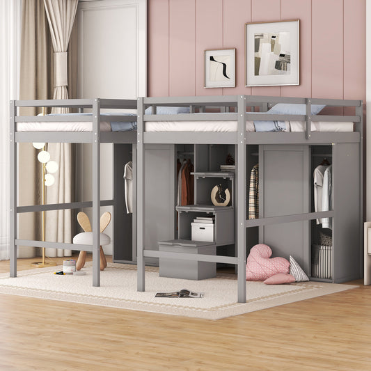 Double Twin Loft Beds with Wardrobes and Staircase, Gray