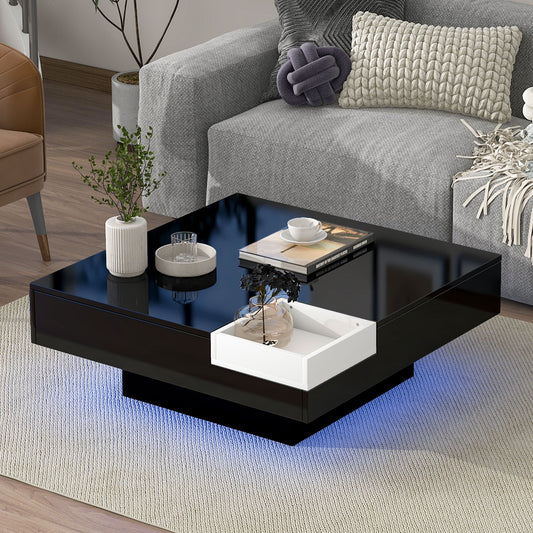 Chic Minimalist Square Coffee Table with LED Strip Lights and Tray