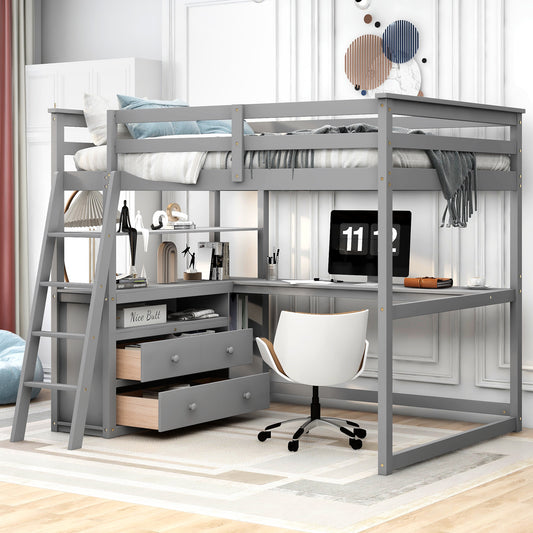 Full Size Loft Bed with Desk and Shelves,Two Built-in Drawers,Gray