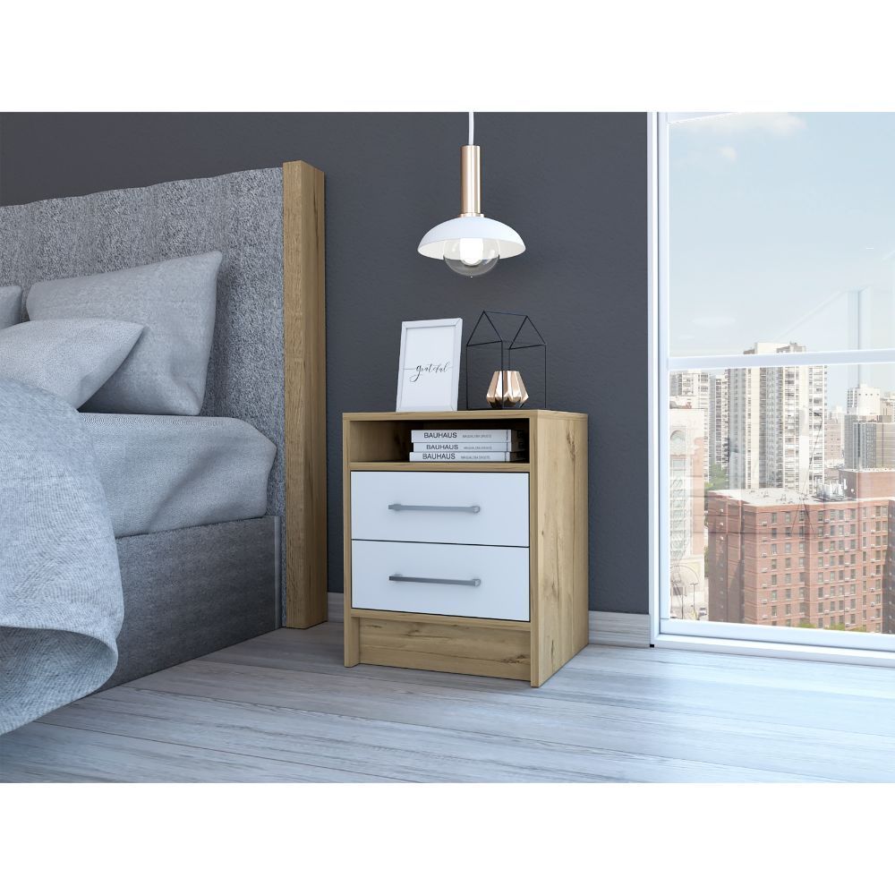 Eter Nightstand, Superior Top, Two Drawers -White / Light Oak