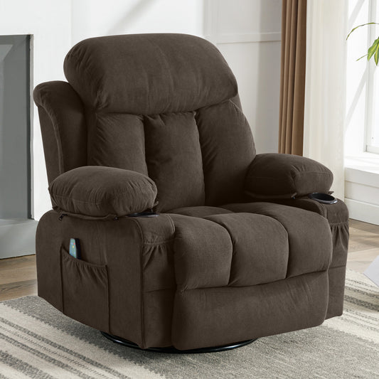 Luxurious Brown Swivel Massage Heated Recliner with USB and Cup Holders