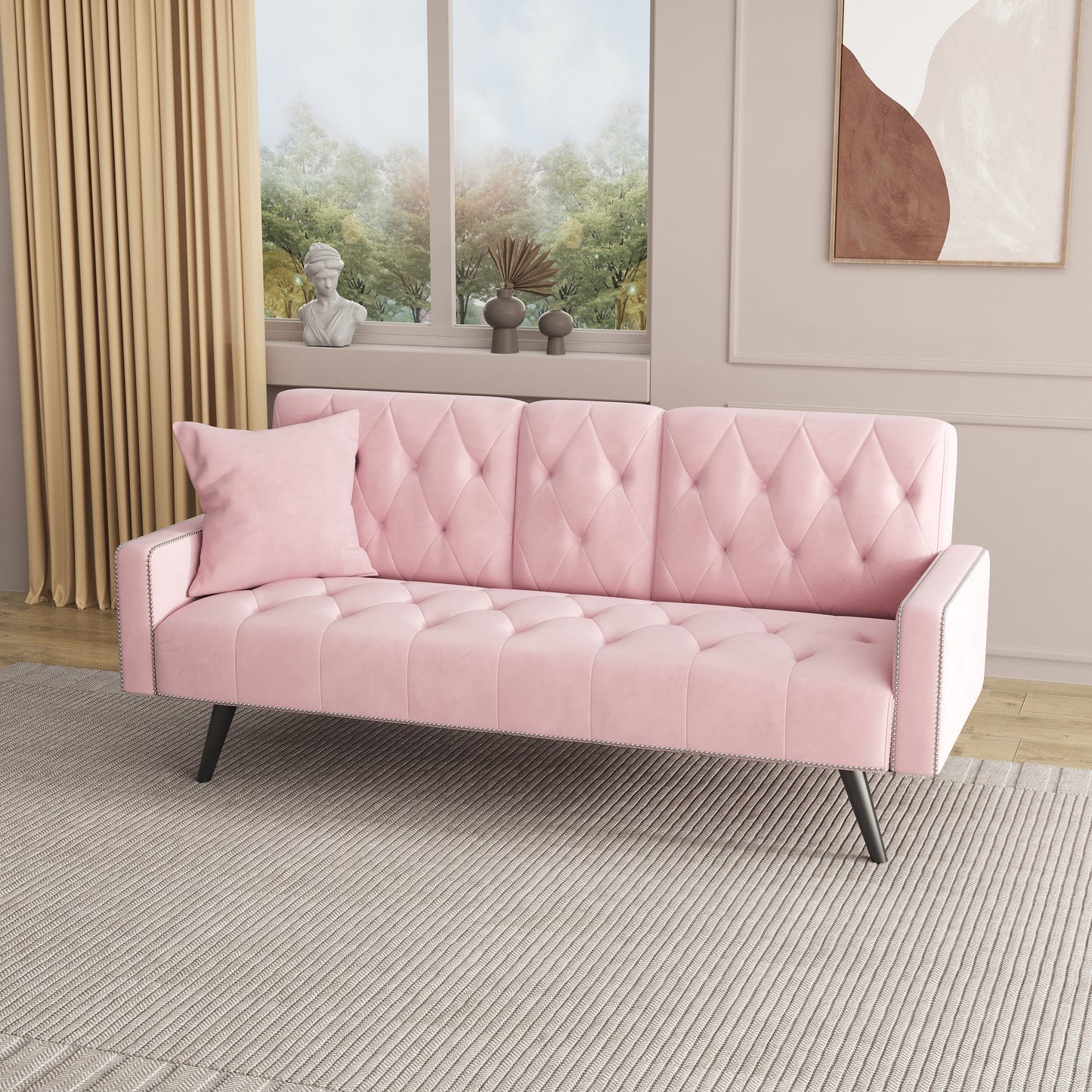 72 Pink Velvet Sofa Bed with Nail Head Trim and Two Cup Holders for Small Spaces